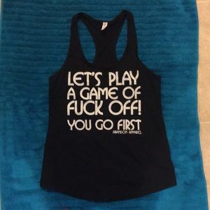 Women’s large black tank with white writing